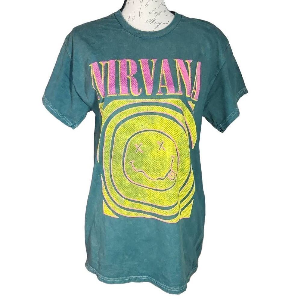 Nirvana Unisex Size Large Green Yellow Pink Smiley Face Short Sleeve T-shirt